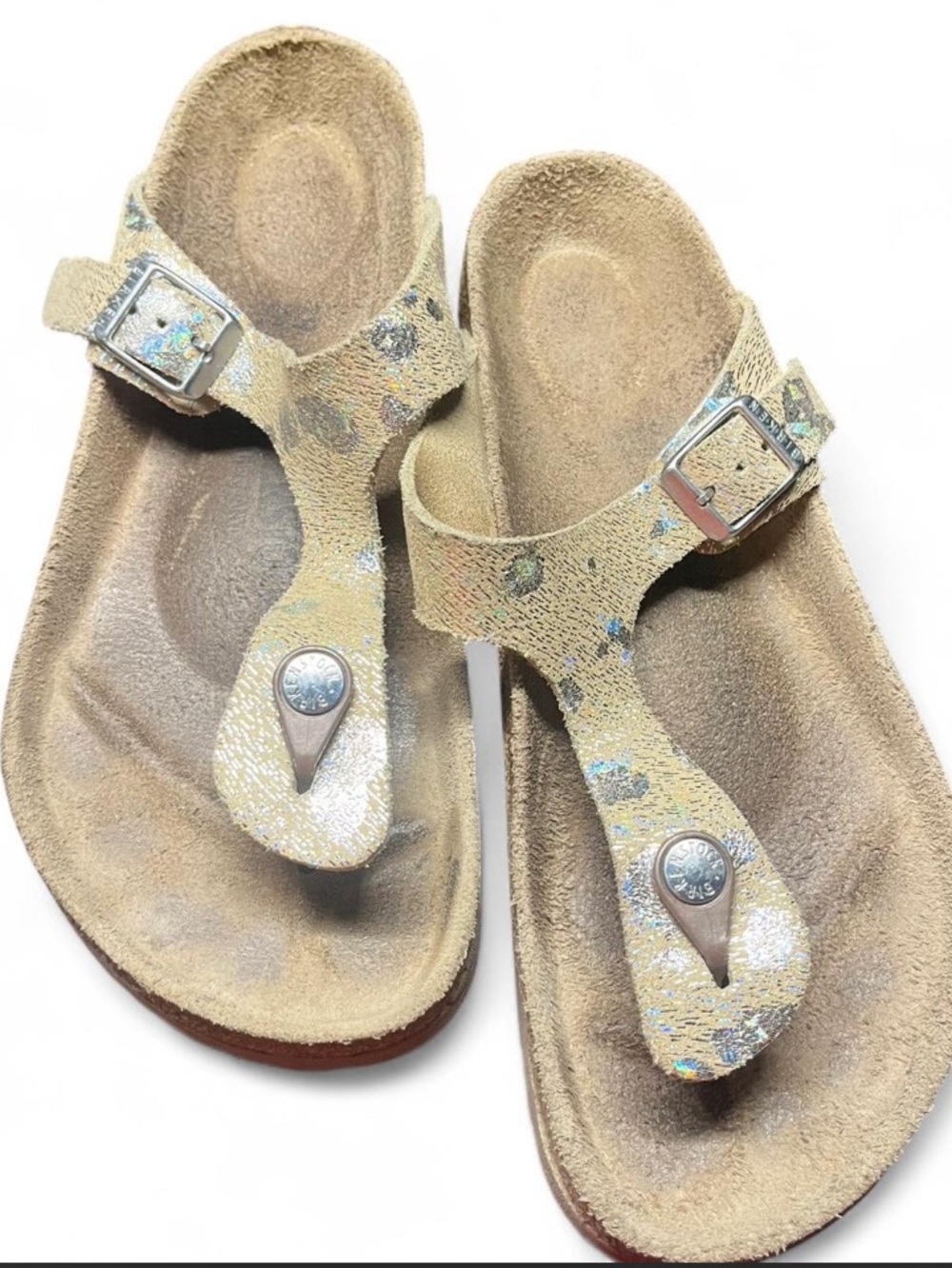 RARE Birkenstocks Taupe with silver accents, 8/39